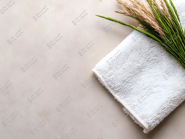 The image features a folded white towel placed on a light-colored surface. At the edge of the towel, there is a bundle of long green grass and dried wheat-like grasses, adding a touch of natural elegance to the arrangement.