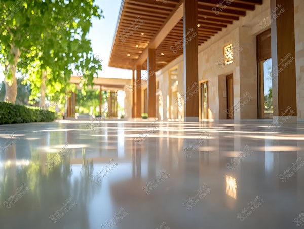 The image shows an outdoor walkway with a shiny floor reflecting light and shadows of foliage. The building features wooden columns and a suspended roof, with glass windows and doors. Large green trees line the left side of the walkway, adding natural beauty to the scene. The lighting gives a sense of calm on a sunny day.