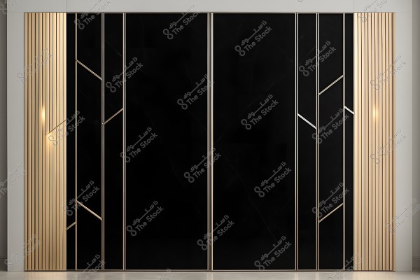 A modern decorative wall design featuring glossy black panels with gold frames, flanked by vertical gold lines on the sides. The design conveys a sense of luxury and elegance.