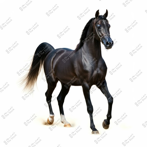 An image of a black Arabian horse with a shiny coat gracefully moving against a white background. The horse displays a muscular build and elegant legs, with a long flowing tail trailing behind. It wears a simple, glistening head ornament.