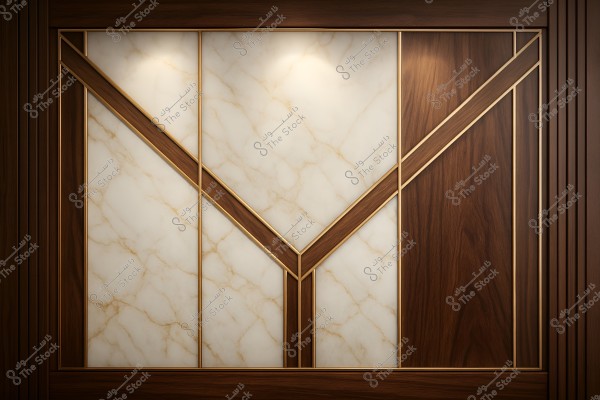 Decorative wall design featuring white marble panels with gold veining, framed by dark wooden borders. The design includes an elegant \"Y\" shape made with brown wood and gold trimming.
