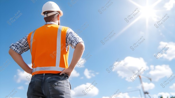 Image of a construction engineer standing at a work site. He is wearing a white safety helmet, an orange reflective vest, and a checkered shirt. The engineer is seen from the back, looking up at the clear blue sky with scattered clouds and a bright sun. A construction crane is visible in the background.