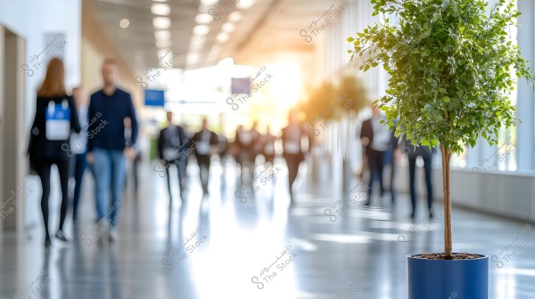 A green tree in a blue pot is positioned in the foreground of the image, while in the background a group of people are walking in a well-lit hallway inside a modern building. The people are blurred as the focus is on the tree in the foreground.