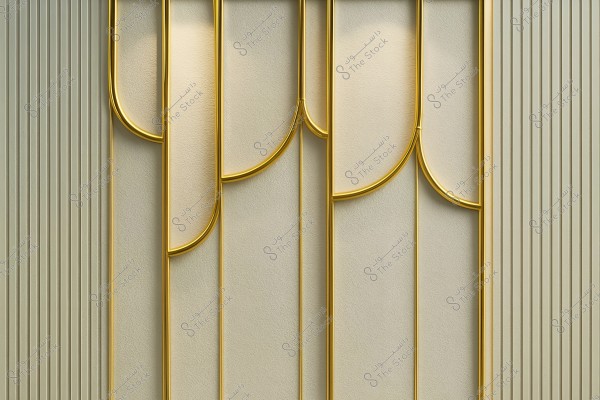 A minimalist interior design featuring walls adorned with gold frames in the shape of upward arcs. The walls are symmetrical and smooth with shades of beige and gold, creating an elegant and artistic appearance.