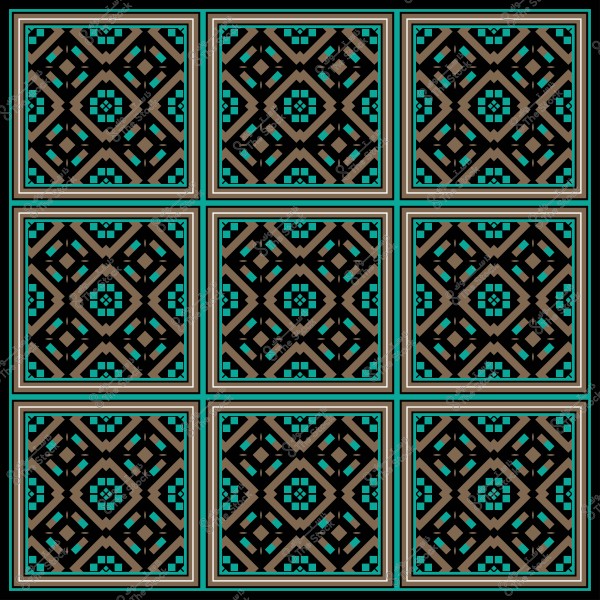 نمط هندسي متماثل بألوان فيروزية وبنية وسوداء على بلاط مزخرف.