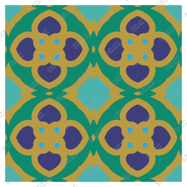 Geometric decorative pattern in green, blue, purple, and gold, resembling traditional Islamic motifs.