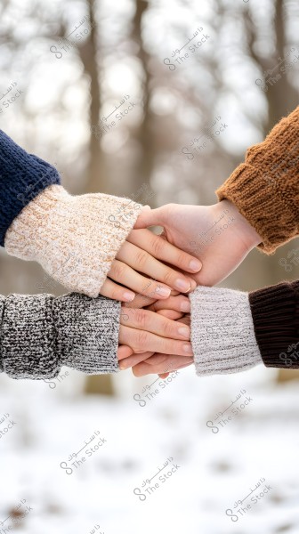The image shows four hands stacked on top of each other outdoors during winter. Each hand is wearing a warm, colorful glove in shades of gray, white, and brown, set against a wintery background with trees and snow-covered blurred nature.