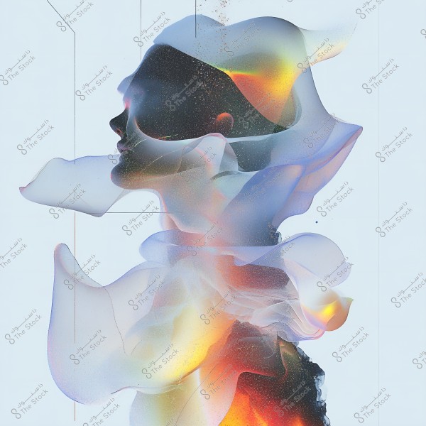 An abstract artistic image depicting a silhouette of the side profile of a person surrounded by swirling multicolored waves. The colors blend together to create a dreamy scene with hues of blue, purple, orange, and yellow. The simple background emphasizes the abstract form of the person.