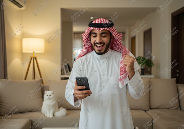 An image of a man wearing a white traditional garment and a red and white headscarf, standing in a modern, well-lit living room. The man appears happy as he looks at his mobile phone, raising a fist in celebration. A white cat is sitting on the sofa beside him. In the background, there is a floor lamp and other contemporary furniture.