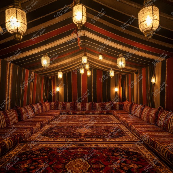 Image of a traditional Bedouin tent adorned with rich and varied fabrics in red and black patterns. The tent floor is covered with ornate carpets and the corners are lined with cushions in harmonious colors. Several illuminated lanterns hang from the ceiling, adding warm lighting and creating a beautiful traditional ambiance.