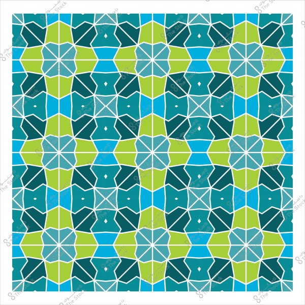 صورة تحتوي على نمط هندسي متماثل يظهر بألوان زرقاء وخضراء مع خطوط بيضاء تفصل بين الأشكال. التصميم يشبه الزخارف الإسلامية التقليدية ويتكون من أشكال هندسية متعددة الأضلاع مترابطة بشكل متناظر.

-