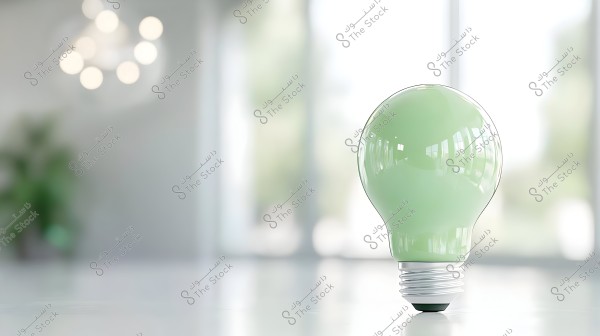 Image of a glass light bulb tinted in light green, placed on a shiny white surface. In the background, there is a blurred view of a plant and soft lighting from an indoor setting with large glass windows.