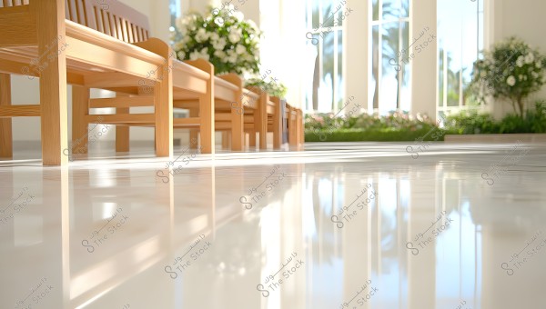 The image shows a shiny floor with light reflections, a row of brown wooden benches on the left side. In the background, there is a large window overlooking a sunny garden with palm trees and green and white flowers.