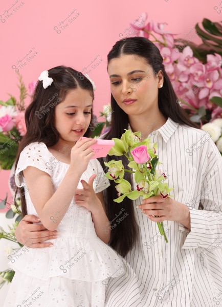 An image of a woman wearing a white and black striped shirt standing next to a young girl in a lacy white dress. The woman holds a bouquet of mixed flowers in green and pink, while the girl holds a small pink card. The background is filled with pink flowers, white flowers, and green foliage, dominated by a pink tone.