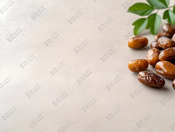 A collection of brown dates placed on a light-colored surface. Some green plant leaves appear in the top right corner of the image.