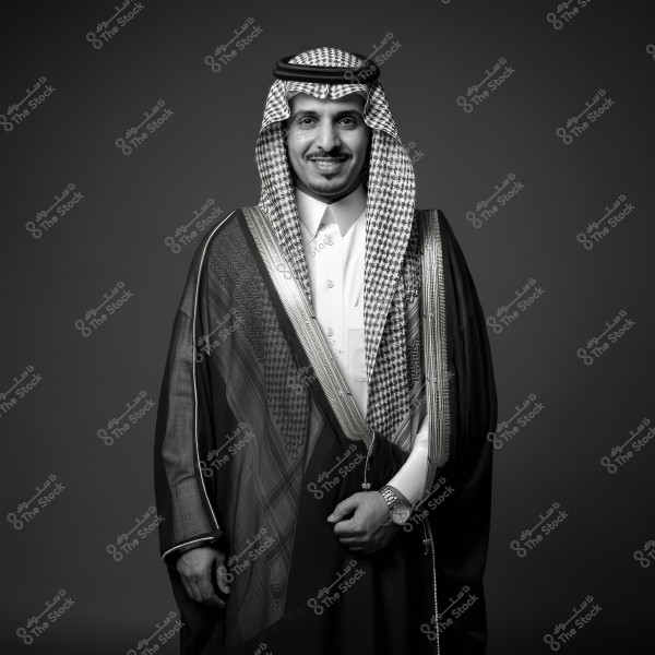 A portrait of a man wearing traditional Saudi attire. The man is dressed in a white thobe, ghutra, and agal, along with an elegant bisht, set against a neutral gray background. He has a slight smile and holds his cloak with his left hand.