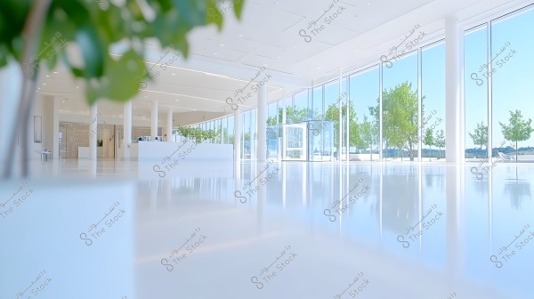 The image shows a spacious and modern indoor lobby area, predominantly white, with large glass windows allowing ample natural light. Green plants are distributed throughout the space, adding a touch of nature and freshness. The interior design is simple and elegant, featuring a shiny floor and high ceilings.