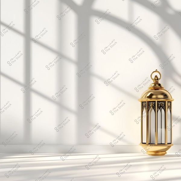 A traditional golden lantern stands on a white surface, casting shadows on a wall, with a background illuminated by sunlight, creating intricate patterns across the wall.