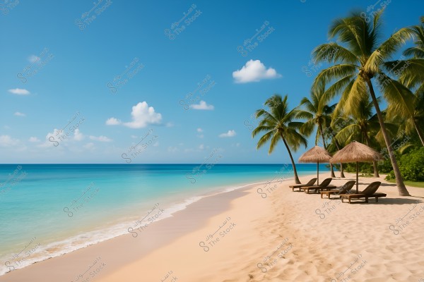 A picturesque tropical beach with clear blue waters and soft white sand. There are lounge chairs under thatched umbrellas. Palm trees line the beach under a clear blue sky with a few small white clouds.