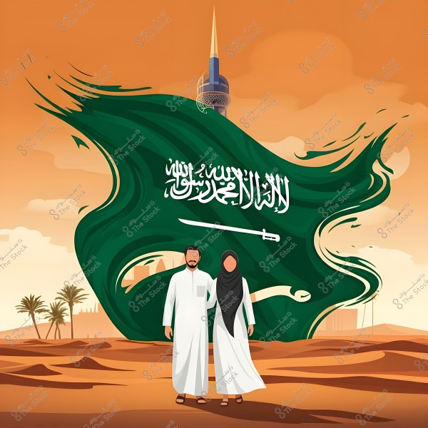 An image shows two individuals standing in the foreground, a man in a white thobe and a woman in a black abaya and hijab. In the background is the Saudi flag with the Islamic shahada and a sword. There is also a tall tower and palm trees, indicating a desert environment.