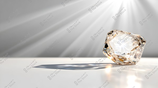 Image of a transparent, intricately-shaped jewel placed on a smooth white surface, with reflections and light entering from an upper angle. The lights are reflected through the gem, creating captivating shadows and visual effects on the white surface.