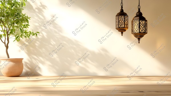 An image showing a small tree in a clay pot on a wooden floor next to two traditional Arabic lanterns hanging on the wall. The background is a white wall illuminated by sunlight, creating beautiful shadows of the plant and lanterns.
