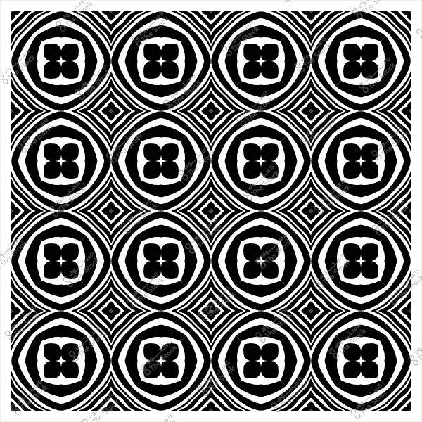 Black and white geometric design with a repeating pattern of circular and floral shapes