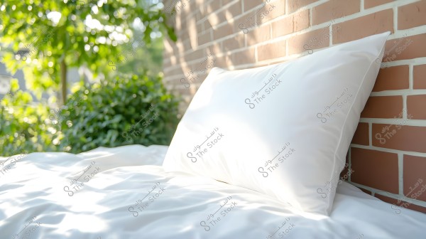 Image of a white pillow placed on a bed covered with a white sheet. In the background, there is a brick wall and green foliage illuminated by sunlight. The setting appears outdoors and bright due to the natural light.