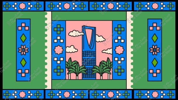 صورة توضح تصميمًا فنيًا لمبنى شاهق يشبه برج المملكة في الرياض, السعودية. المبنى محاط بسحب بيضاء وأشجار نخيل في المقدمة. الإطار الخارجي يحتوي على أشكال هندسية وزخارف تقليدية بألوان الأزرق والوردي والأخضر.