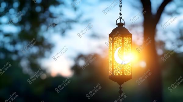 An image of a traditional Arabic lantern hanging in the air during sunset in a natural setting. The lantern features decorative patterns on its surface and has a crescent moon that glows with warm light. The background is a blurred natural scene with trees and a sky in shades of blue and orange, creating a serene and beautiful atmosphere.