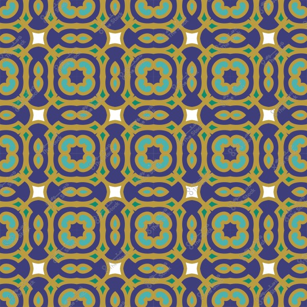 نمط متكرر بأشكال هندسية معقدة بألوان زرقاء, خضراء, ذهبية, وبنية.