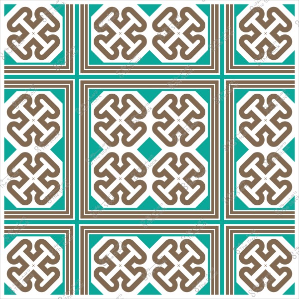 تصميم فسيفساء هندسي بزخارف متماثلة باللونين البني والأزرق الفيروزي على خلفية بيضاء.