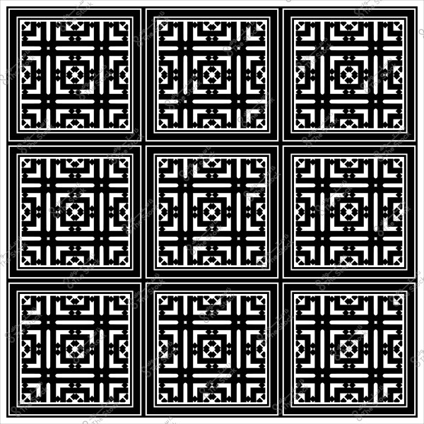 نمط هندسي باللونين الأسود والأبيض مكون من تسعة مربعات متكررة بزخارف متداخلة.