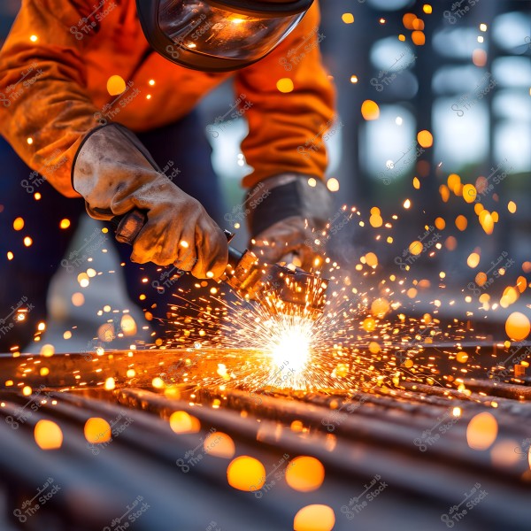 An image of a worker performing welding while wearing an orange jacket and a protective helmet. Sparks are flying impressively during the welding process. The worker is also wearing thick gloves to protect against the heat during the work.
