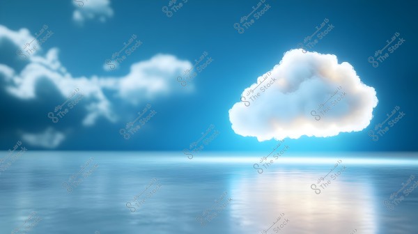 The image shows a white cloud floating above a calm water surface on a bright day. The sky is blue with some light clouds in the background, and the water reflects the glow of the sky and cloud, creating a serene and soothing landscape.