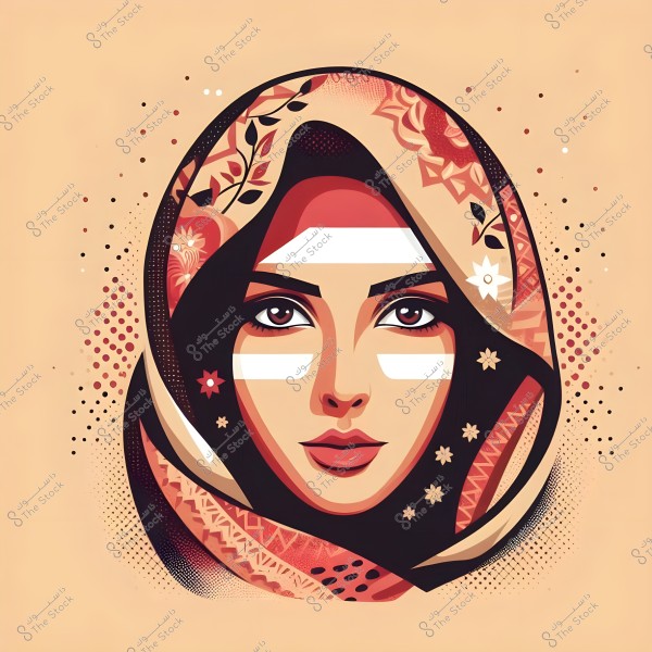 A digital illustration of a woman wearing a patterned headscarf with floral and geometric designs in multiple colors against a beige background. The face shows calm expressions with wide-open eyes and white stripes on the face.
