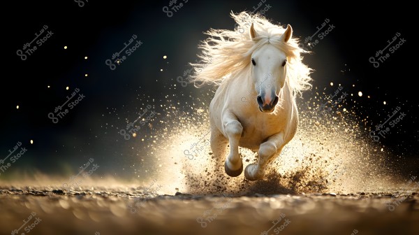 Image of a white horse running at high speed on a sandy surface, with dust and gravel flying around due to the fast motion. The backlight makes the horse\'s mane glow in the sunlight. The dark background highlights the horse and the dynamic effect of its movement.