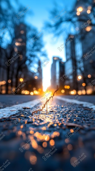 A street-level view of an urban cityscape at sunset. Warm lights reflect on the wet asphalt, with large towers and blurred trees in the background. Financial or economic growth charts are superimposed on the road.