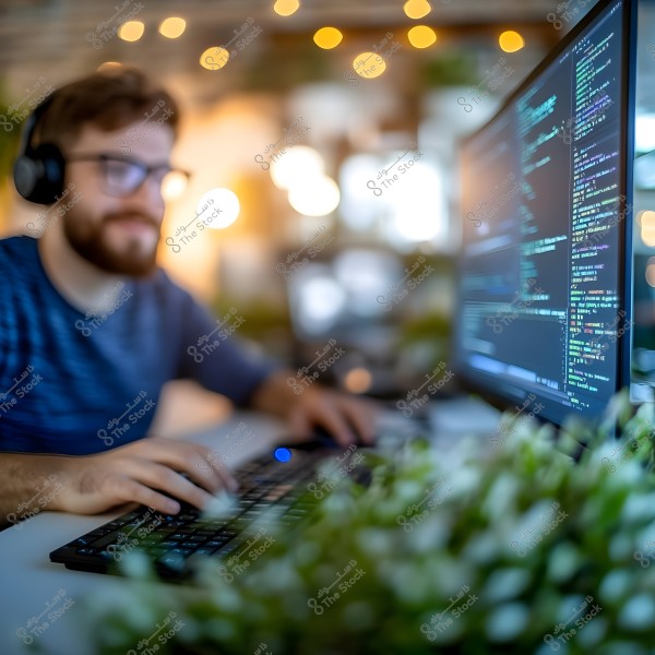 A person wearing headphones sits in front of a computer screen, focusing on writing code. Soft lights and a blurred background are visible. The scene includes green plants near the image. The person is wearing a shirt with simple colors.\r\n\r\n###