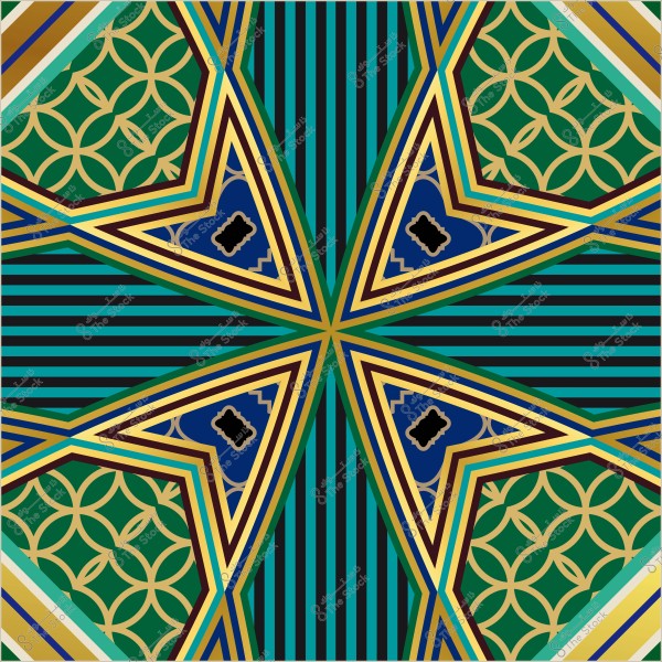 تصميم هندسي إسلامي متعدد الألوان بأشكال متداخلة وخطوط مائلة على خلفية خضراء وزرقاء.