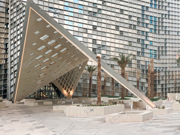A building with modern and innovative architectural design, featuring a square glass façade and angled geometric lines forming a prominent entrance. Palm trees and ground-level landscaping surround the building. The blue sky reflects in some of the glass windows, adding to the aesthetic scene.