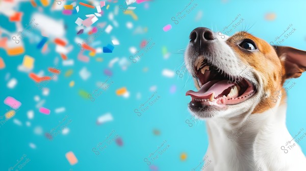 A brown and white dog is joyfully opening its mouth with its tongue out, seemingly looking at the colorful confetti falling against a bright blue background. The dog is prominently featured in the foreground, displaying a playful and lively expression.