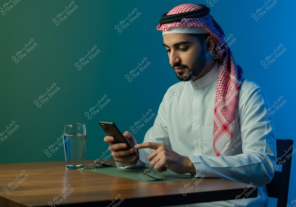 An image of a man sitting at a wooden table, wearing a thobe, keffiyeh, and agal. He appears focused on using a smartphone. A glass of water is on the table beside him. The background transitions from green to blue.