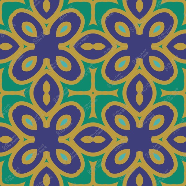 نمط زخرفي هندسي بألوان الأزرق والأخضر والذهبي بتكرار متناظر.