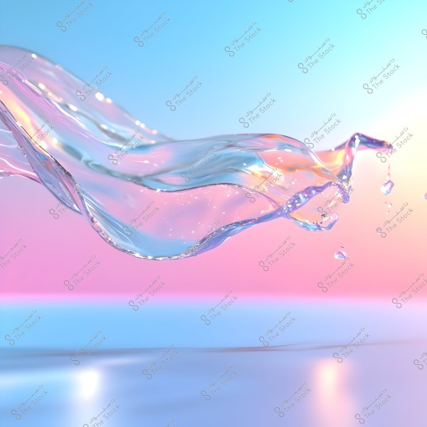An image depicting a transparent wave formed of water, floating in the air against a background gradient from pink to sky blue. The light reflects off the wave, creating shimmering color gradients that add beauty and tranquility to the scene.