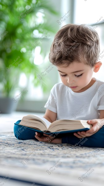 Image of a young boy sitting on a carpet, reading an open book. The boy is wearing a white shirt and blue pants, appearing engrossed in his reading. In the background, green plants add a sense of calm to the setting.