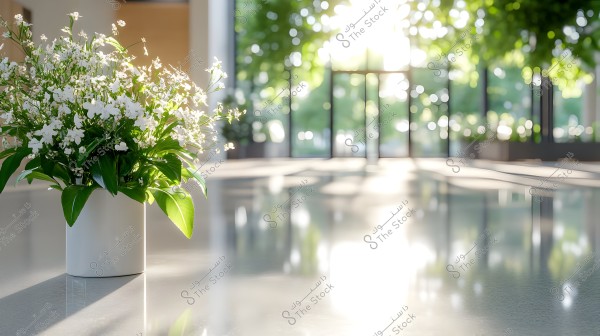 A white vase filled with small white flowers and large green leaves placed on a shiny surface. In the background, bright sunlight streams through large glass doors, creating a soft bokeh effect and a serene atmosphere with green trees outside.