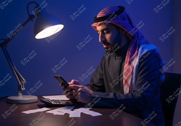 An image of a man sitting at a desk using a mobile phone. He is wearing traditional clothing that includes a thobe, ghutra, and agal. Beside him, there is a calculator and scattered papers. The lighting is provided by a desk lamp above, creating a calm atmosphere.
