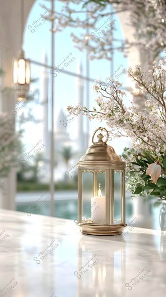 A scene of interior decor featuring a golden lantern with a lit candle on a white marble surface. Beside it is an arrangement of white flowers and branches, creating a tranquil atmosphere. In the background, large windows reveal a blurred view of a mosque with Islamic architectural style, possibly the Sheikh Zayed Mosque in the United Arab Emirates, with blurred minarets and domes in the distance.