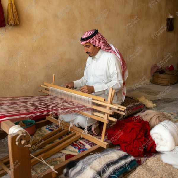 A man sitting on the ground, wearing traditional Saudi attire consisting of a white thobe, a red and white ghutra, and a black agal, is weaving threads on a traditional wooden loom. Around him are threads of various colors such as red and white, along with other weaving tools. The background walls are beige-yellow, and there are baskets containing threads.